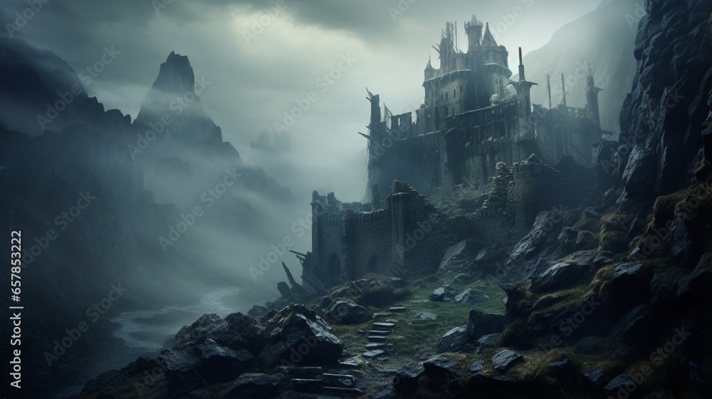 A hauntingly beautiful, forgotten castle ruin atop a misty mountain, with a sense of timelessness in the decay