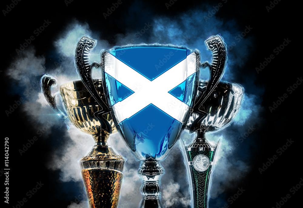 Trophy cup textured with flag of Scotland. 2D Digital illustration